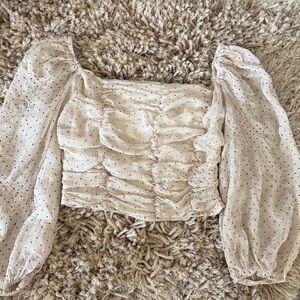 Chic Cream Ruched Blouse with Puff Sleeves